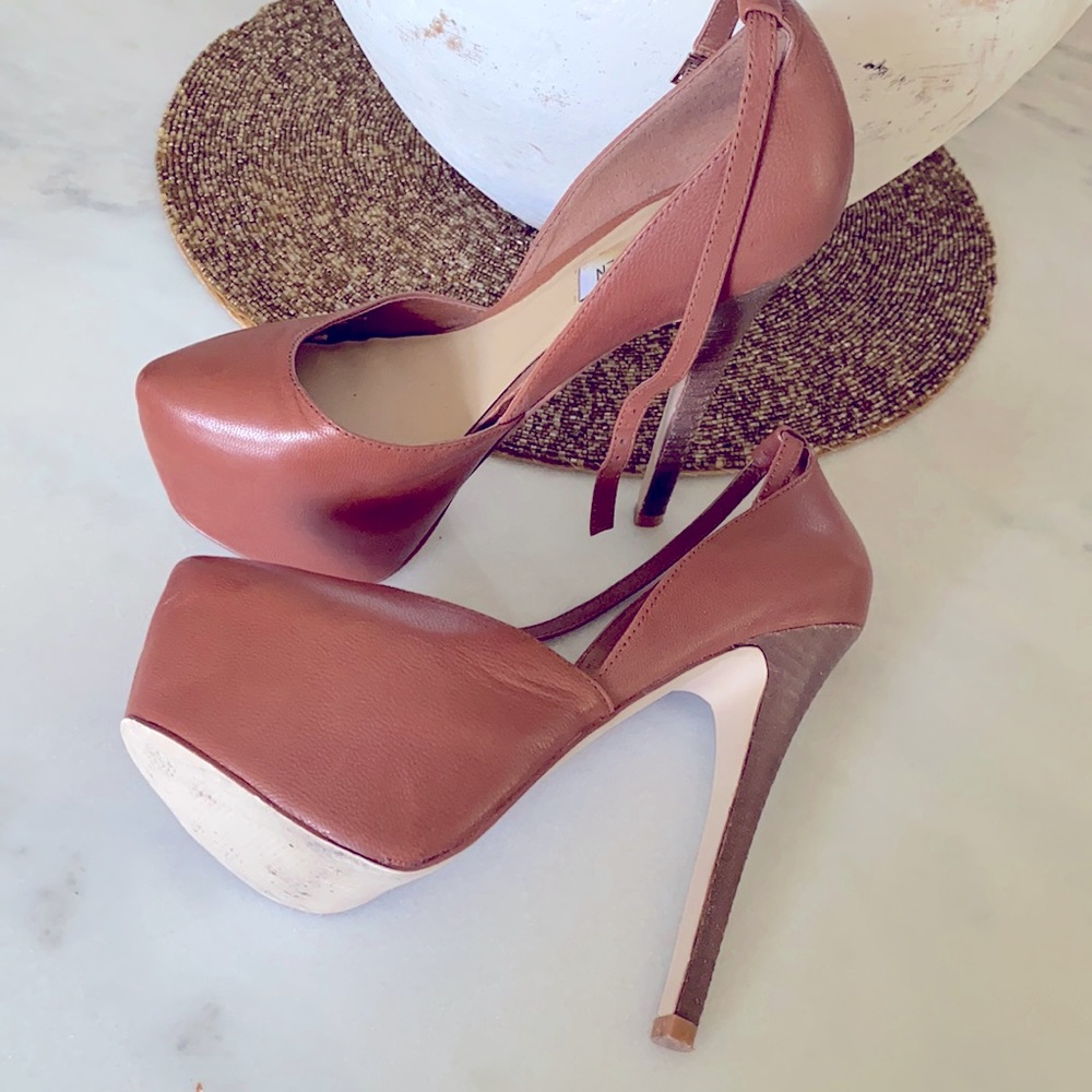 Tan, brown leather platform heels